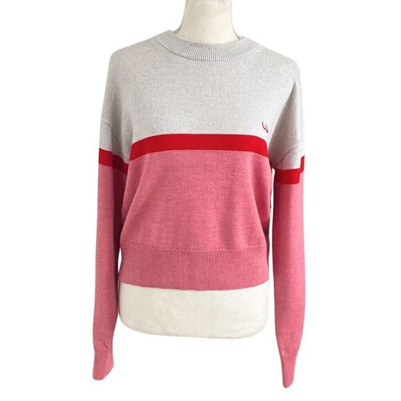 ARITZIA WILFRED FREE CAELA MERINO WOOL PINK GREY COLORBLOCK EMBROIDERED SWEATER - Picture 2 of 11